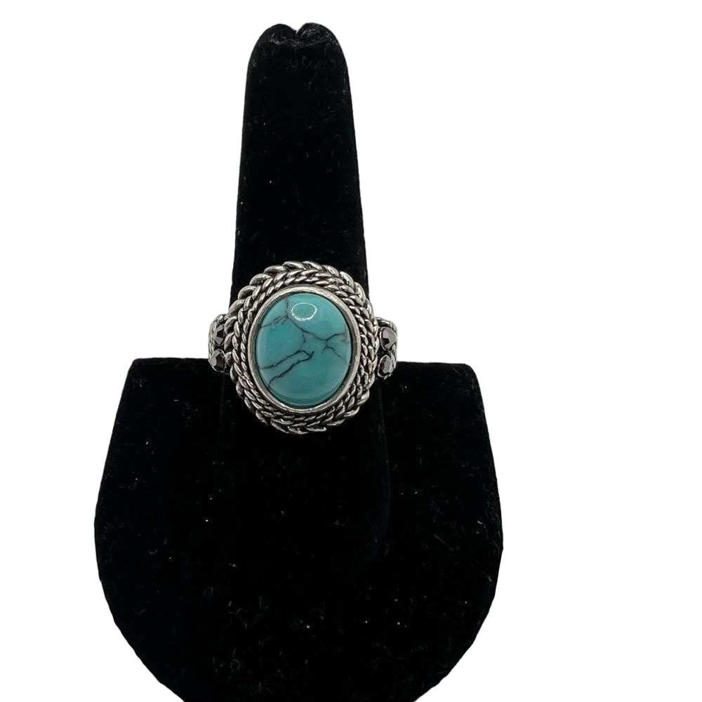 Turquoise and silver tone statement ring - size 9.5